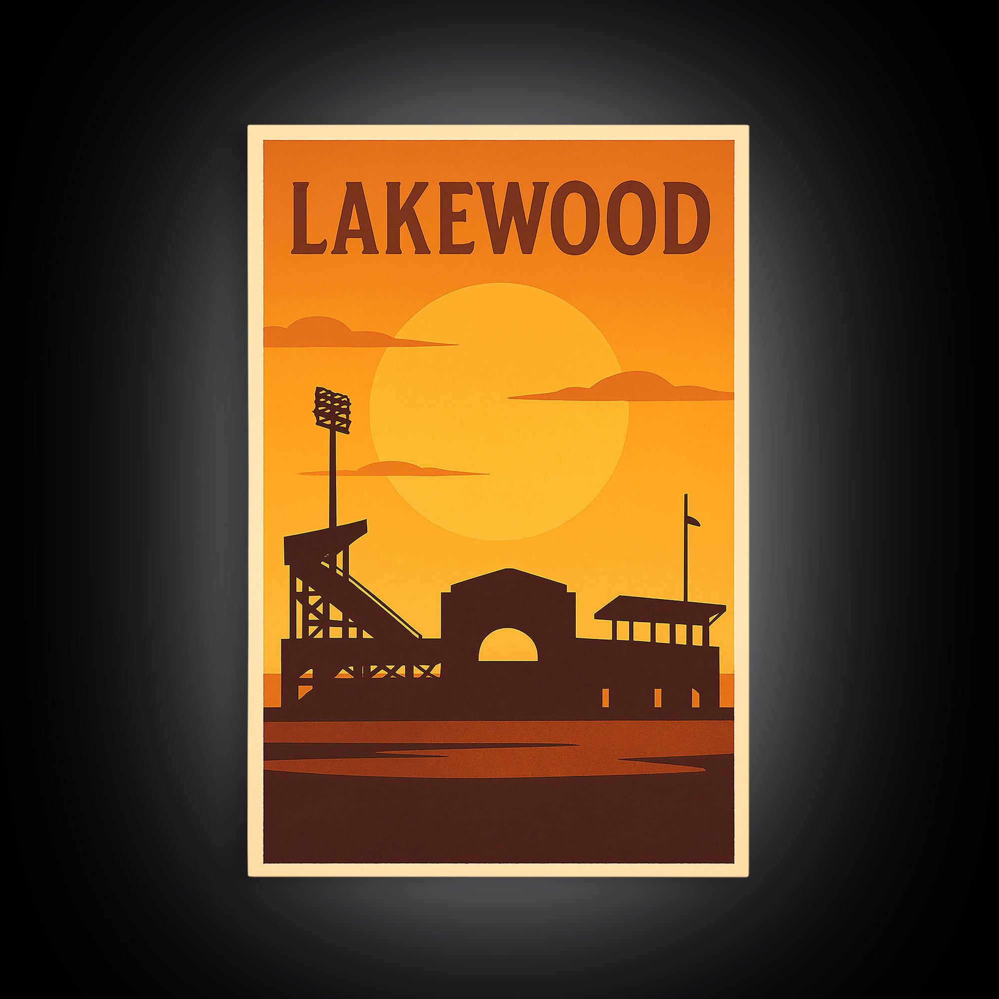 Lakewood Colorado Travel Poster, Framed Canvas Print, Warm Sunset Silhouette Art, Lakewood Travel Art, City Illustration, Retro Travel Print