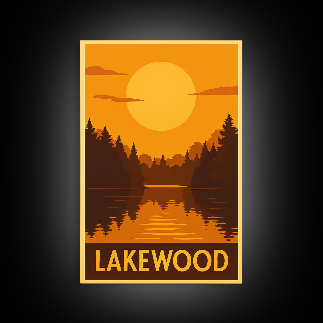 Lakewood Travel Poster, Framed Canvas Print, Golden Travel Poster Art, Lakewood City Art, Living Room Wall Art, City Illustration