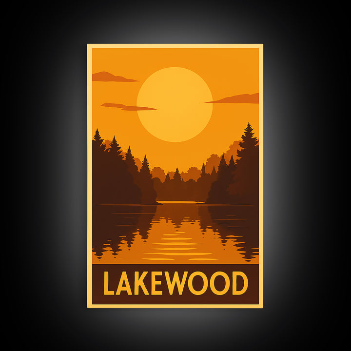 Lakewood Travel Poster, Framed Canvas Print, Golden Travel Poster Art, Lakewood City Art, Living Room Wall Art, City Illustration