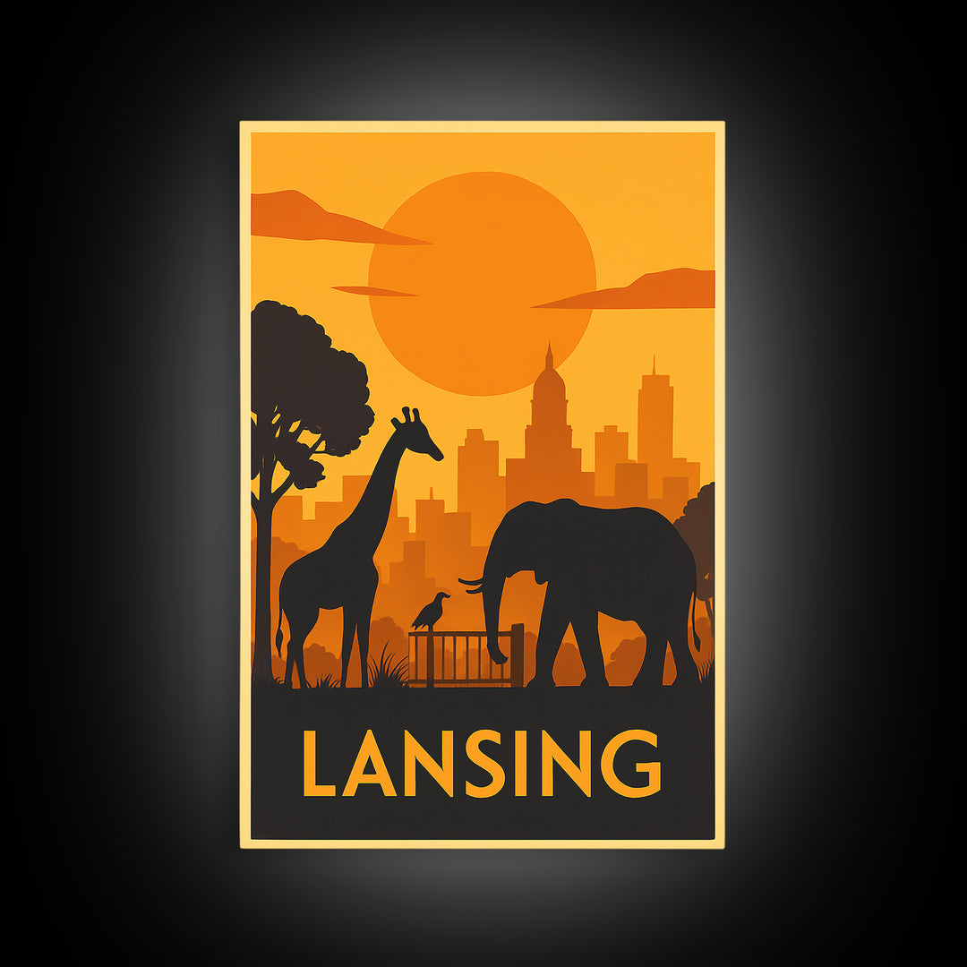 Lansing Travel Poster, Framed Canvas Print, Golden Travel Poster Art, Lansing City Art, Wanderlust Decor, Living Room Wall Art