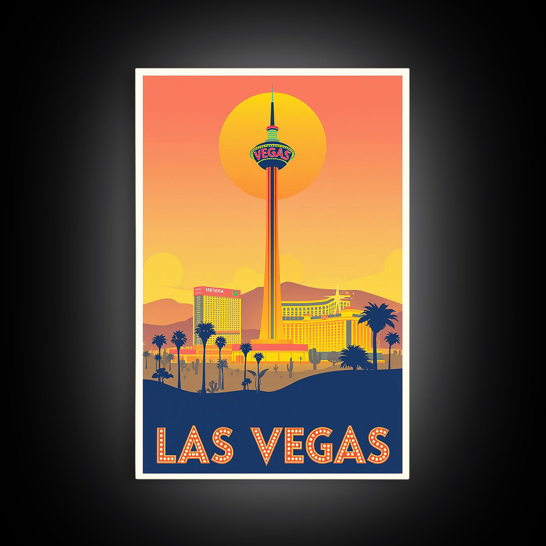 Las Vegas Travel Poster, Framed Canvas Print, Golden Travel Poster Art, Las Vegas City Art, Retro Travel Print, Gift For Travelers