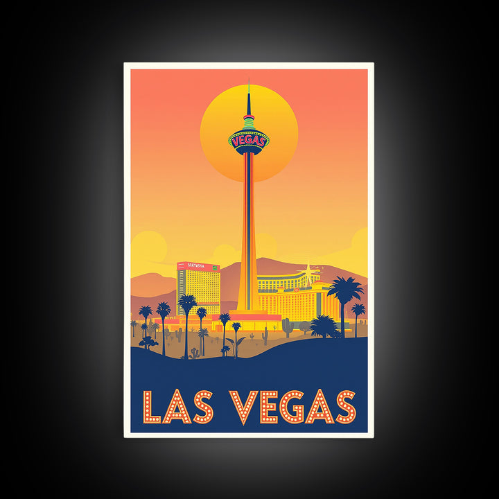 Las Vegas Travel Poster, Framed Canvas Print, Golden Travel Poster Art, Las Vegas City Art, Retro Travel Print, Gift For Travelers