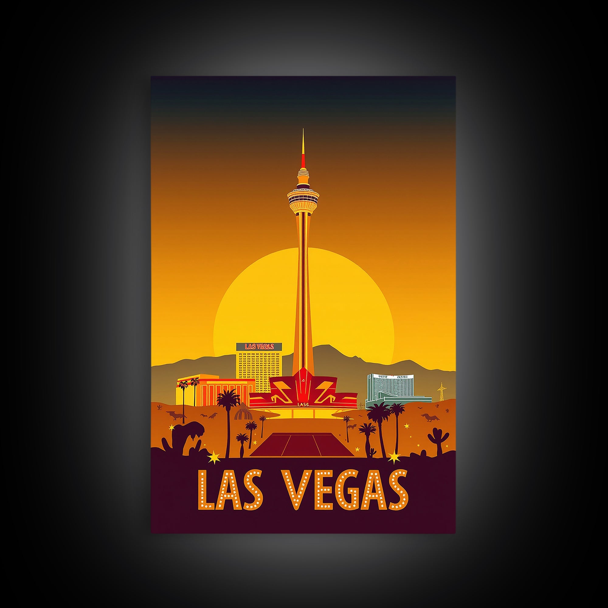 Las Vegas Travel Poster, Canvas Print, Warm Sunset Silhouette Art, Las Vegas Art Print, Vintage Travel Art, Vintage Travel Print