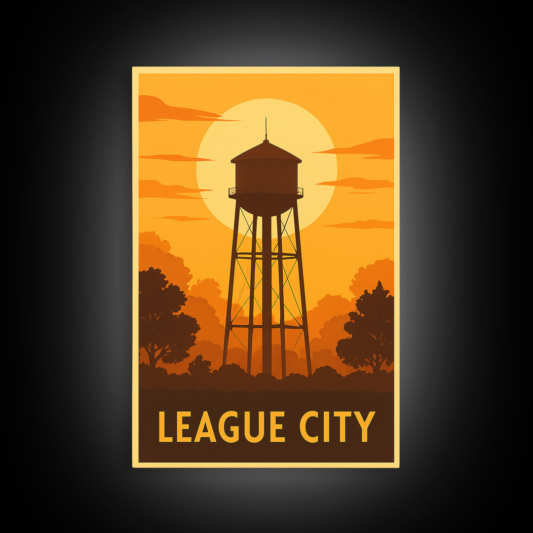 League City Travel Poster, Framed Canvas Print, Vintage Deco Wall Art, League City Travel Art, Vintage Travel Print, Vintage City Art