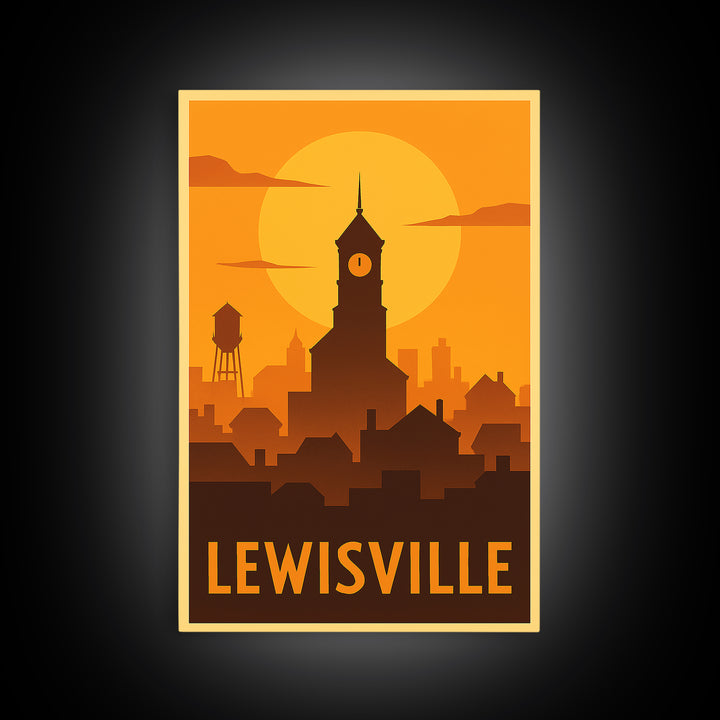 Lewisville Travel Poster, Canvas Print, Warm Sunset Silhouette Art, Lewisville Wall Art, Travel Wall Art, Watercolor City Skyline