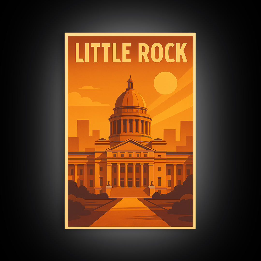 Little Rock Arkansas Travel Poster, Canvas Print, Warm Sunset Silhouette Art, Little Rock Travel Art, City Art Print, Vintage Travel Art