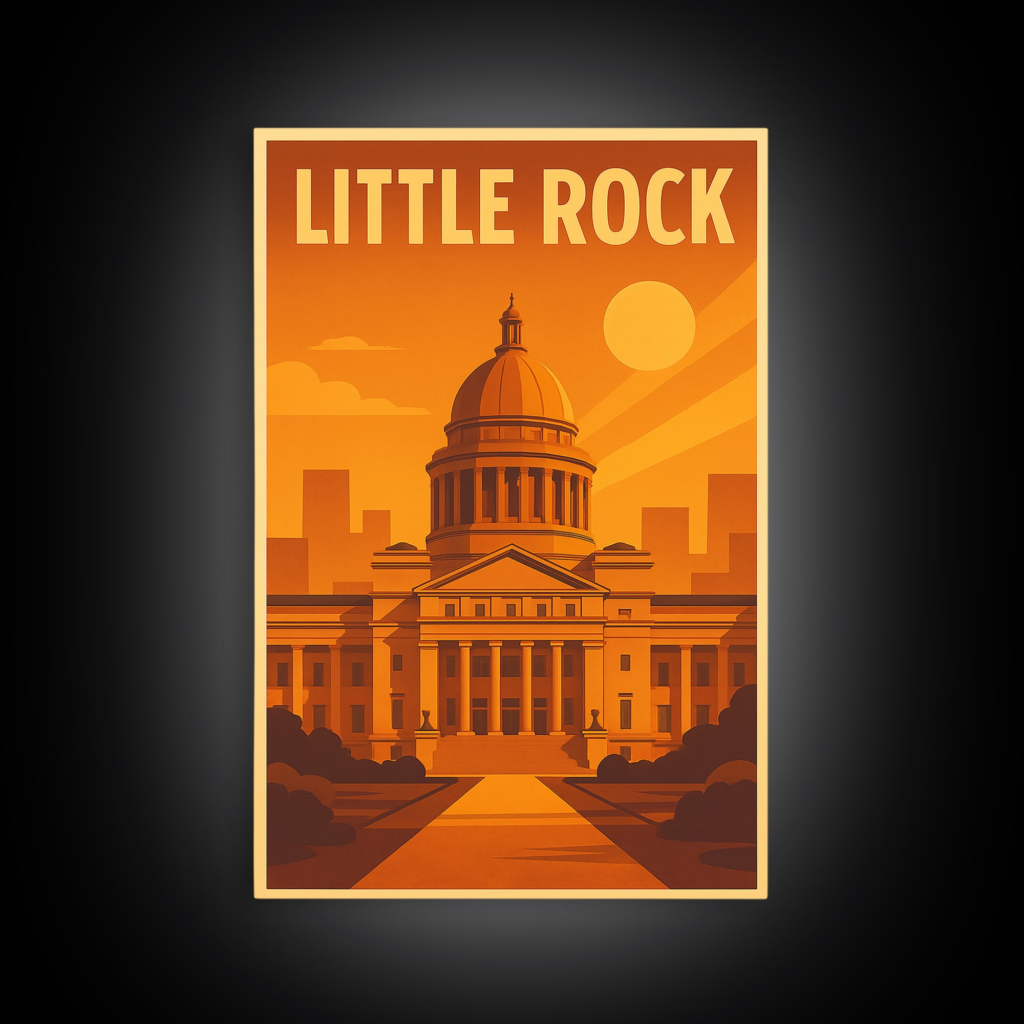 Little Rock Arkansas Travel Poster, Canvas Print, Warm Sunset Silhouette Art, Little Rock Travel Art, City Art Print, Vintage Travel Art