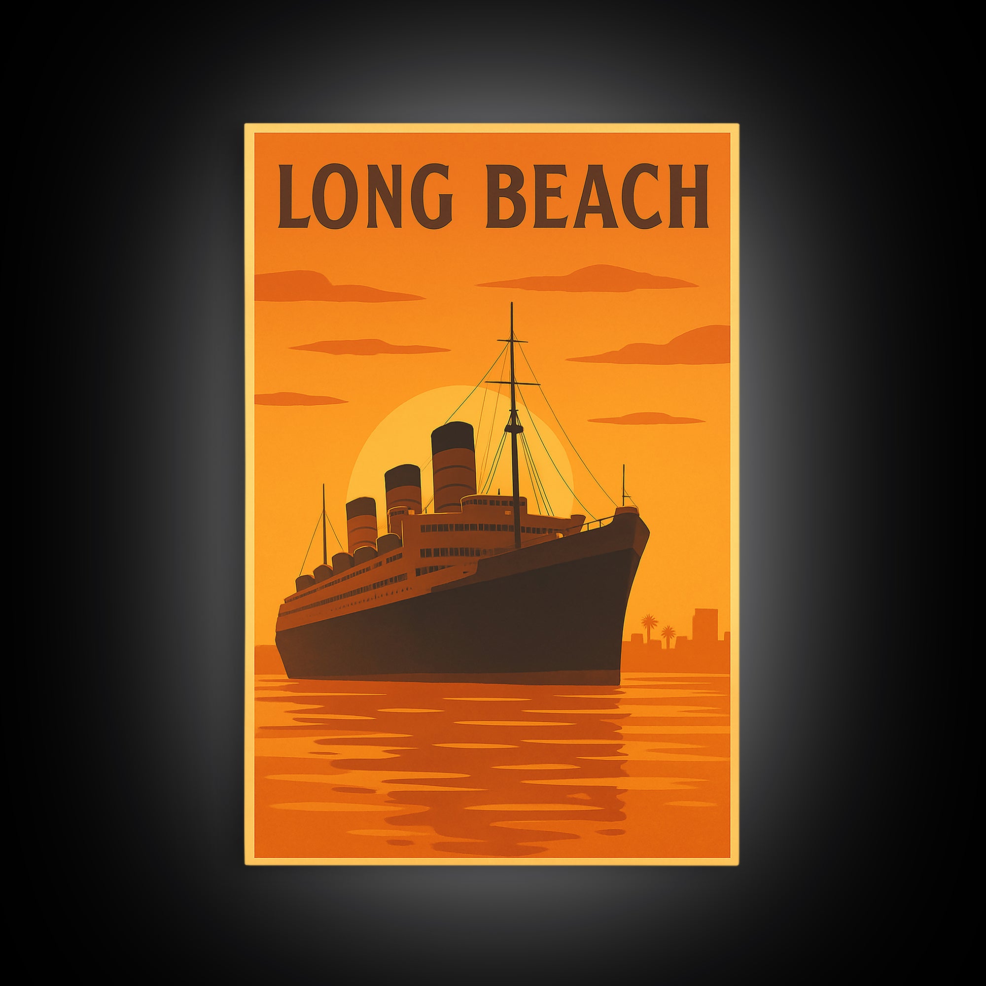 Long Beach California Travel Poster, Canvas Print, Warm Sunset Silhouette Art, Long Beach Poster Print, Travel Print, Travel Wall Art