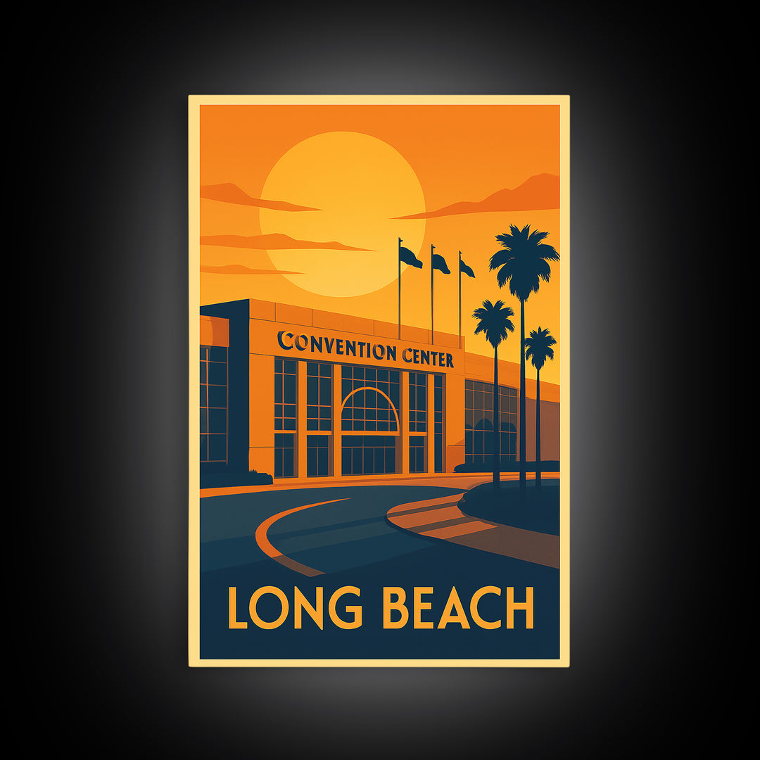 Long Beach Travel Poster, Canvas Print, Warm Sunset Silhouette Art, Long Beach Travel Art, Living Room Wall Art, Gift For Travelers