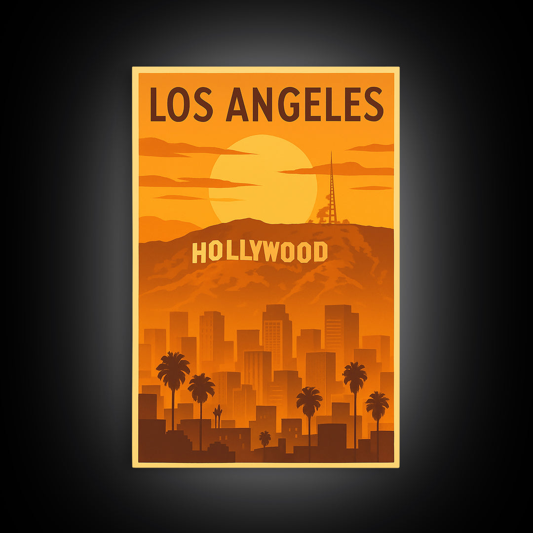 Los Angeles California Travel Poster, Canvas Print, Warm Sunset Silhouette Art, Los Angeles Art Print, City Travel Prints, Wanderlust Decor