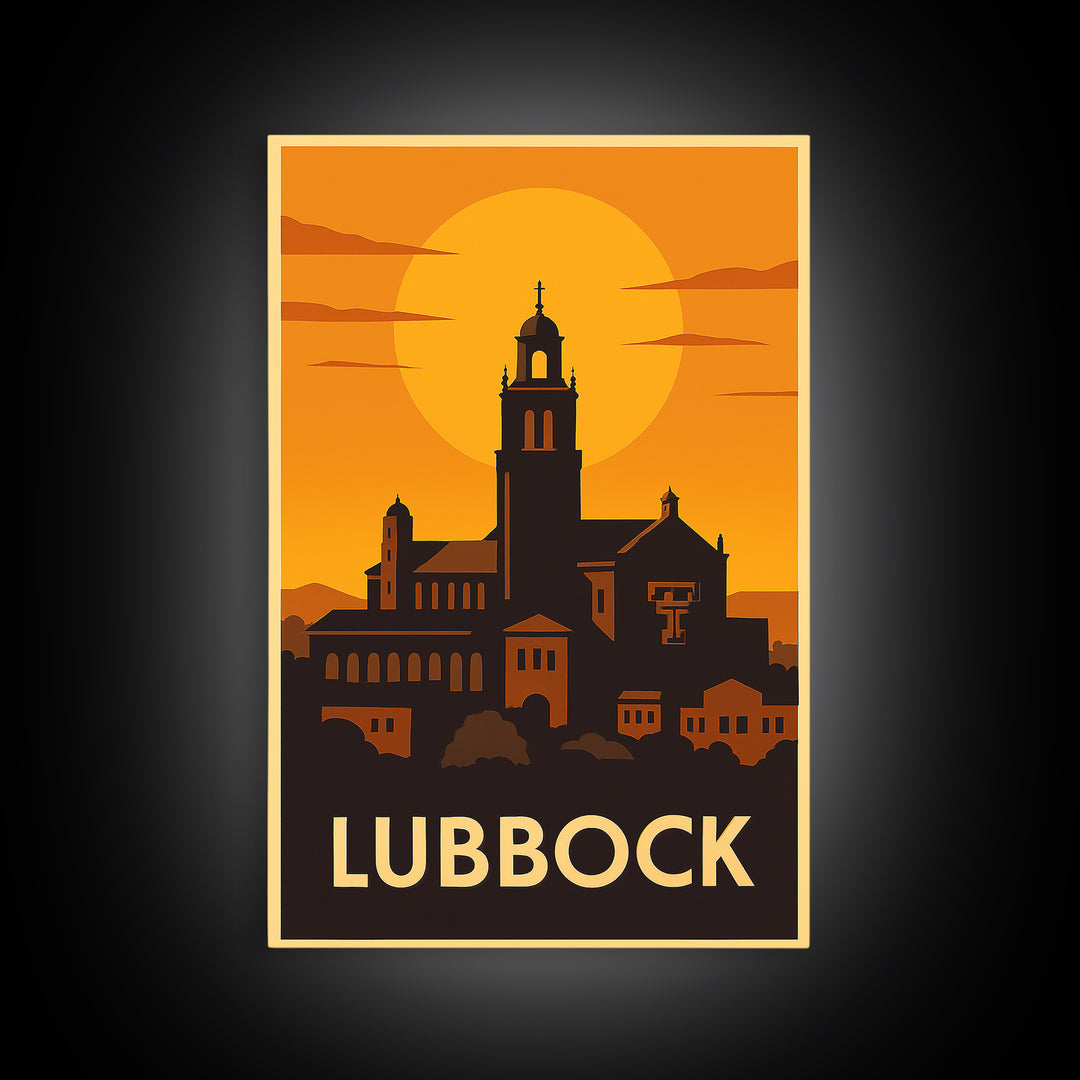 Lubbock Travel Poster, Framed Canvas Print, Warm Sunset Silhouette Art, Lubbock Wall Art, Vintage City Poster, Vintage City Art