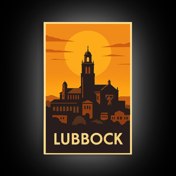 Lubbock Travel Poster, Framed Canvas Print, Warm Sunset Silhouette Art, Lubbock Wall Art, Vintage City Poster, Vintage City Art