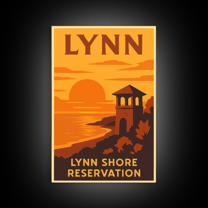 Lynn Massachusetts Travel Poster, Canvas Print, Warm Sunset Silhouette Art, Lynn Wall Art, Poster Art, Retro Travel Print, City Illustration