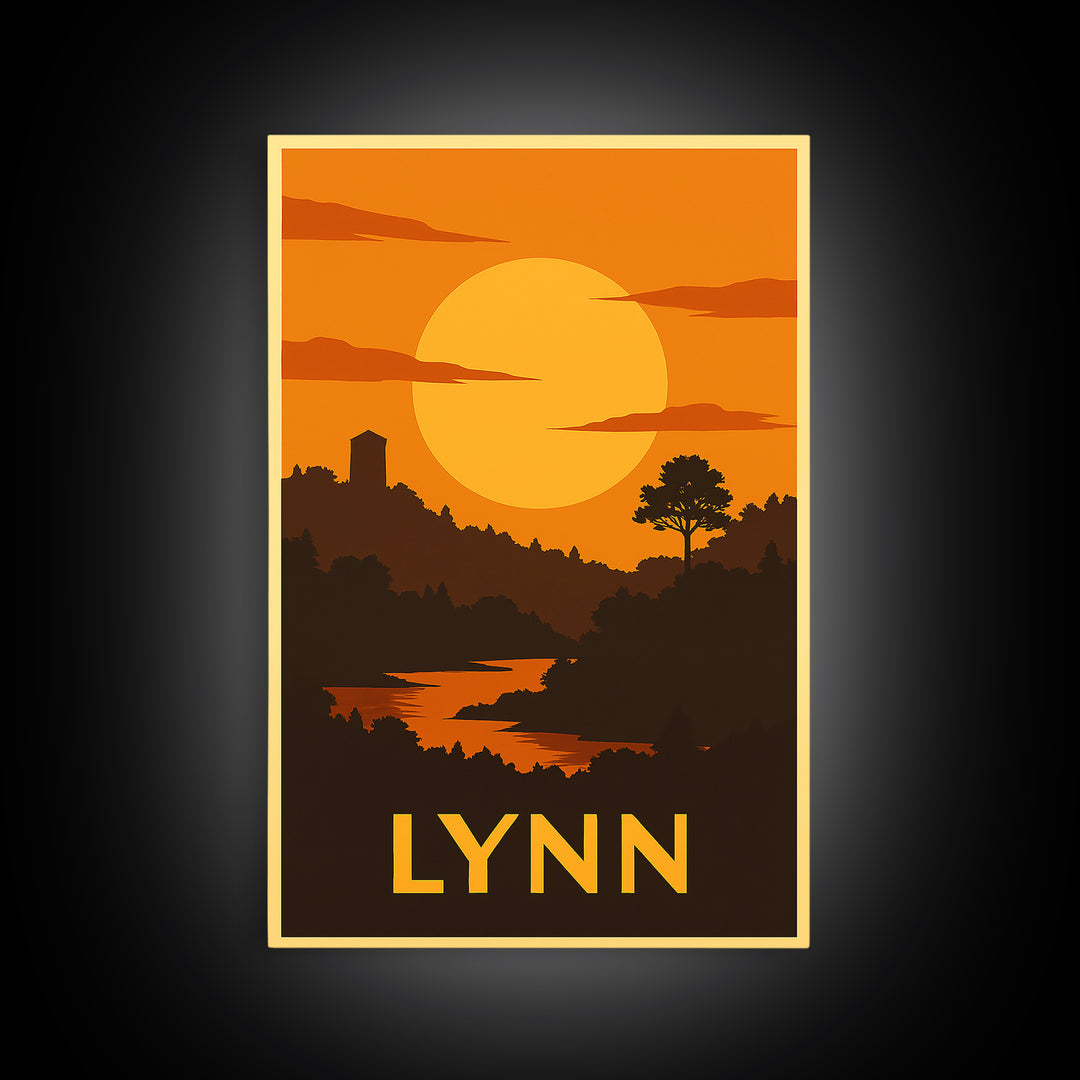 Lynn Travel Poster, Framed Canvas Print, Gold Art Deco Poster Art, Lynn City Art, Watercolor Skyline Art, City Travel Prints, Poster Print