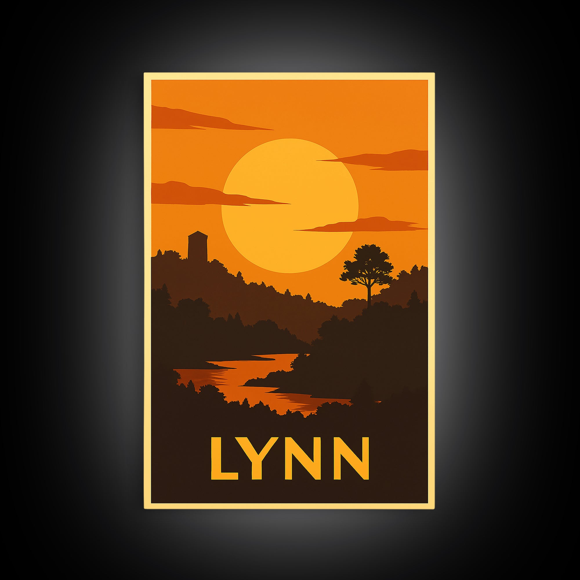 Lynn Travel Poster, Framed Canvas Print, Gold Art Deco Poster Art, Lynn City Art, Watercolor Skyline Art, City Travel Prints, Poster Print
