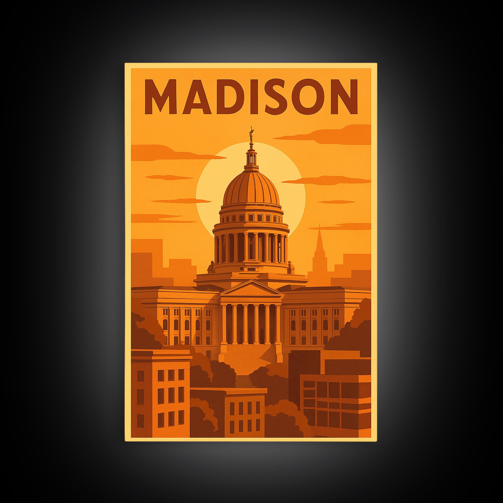 Madison Wisconsin Travel Poster, Framed Canvas Print, Gold Art Deco Poster Art, Madison Travel Art, Modern Wall Decor, City Illustration