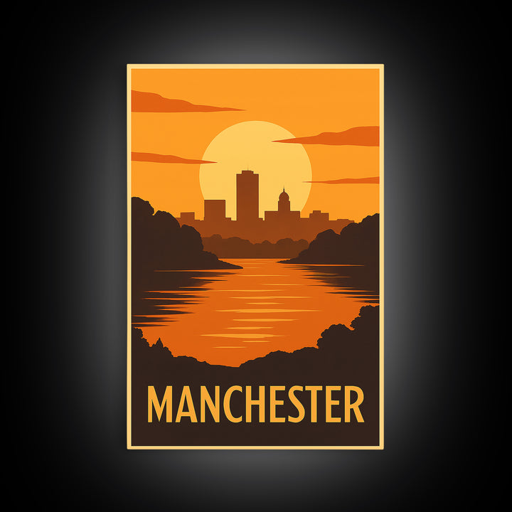 Manchester Travel Poster, Framed Canvas Print, Gold Art Deco Poster Art, Manchester City Art, Travel Poster Art, Watercolor Skyline