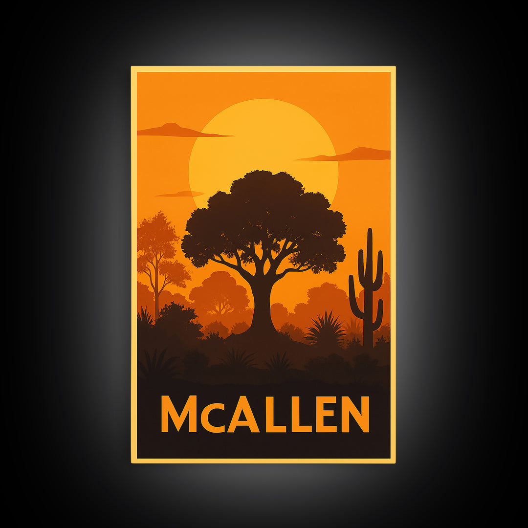 Mcallen Travel Poster, Canvas Print, Warm Sunset Silhouette Art, Mcallen Art Print, Travel Wall Decor, City Illustration, Gift For Travelers