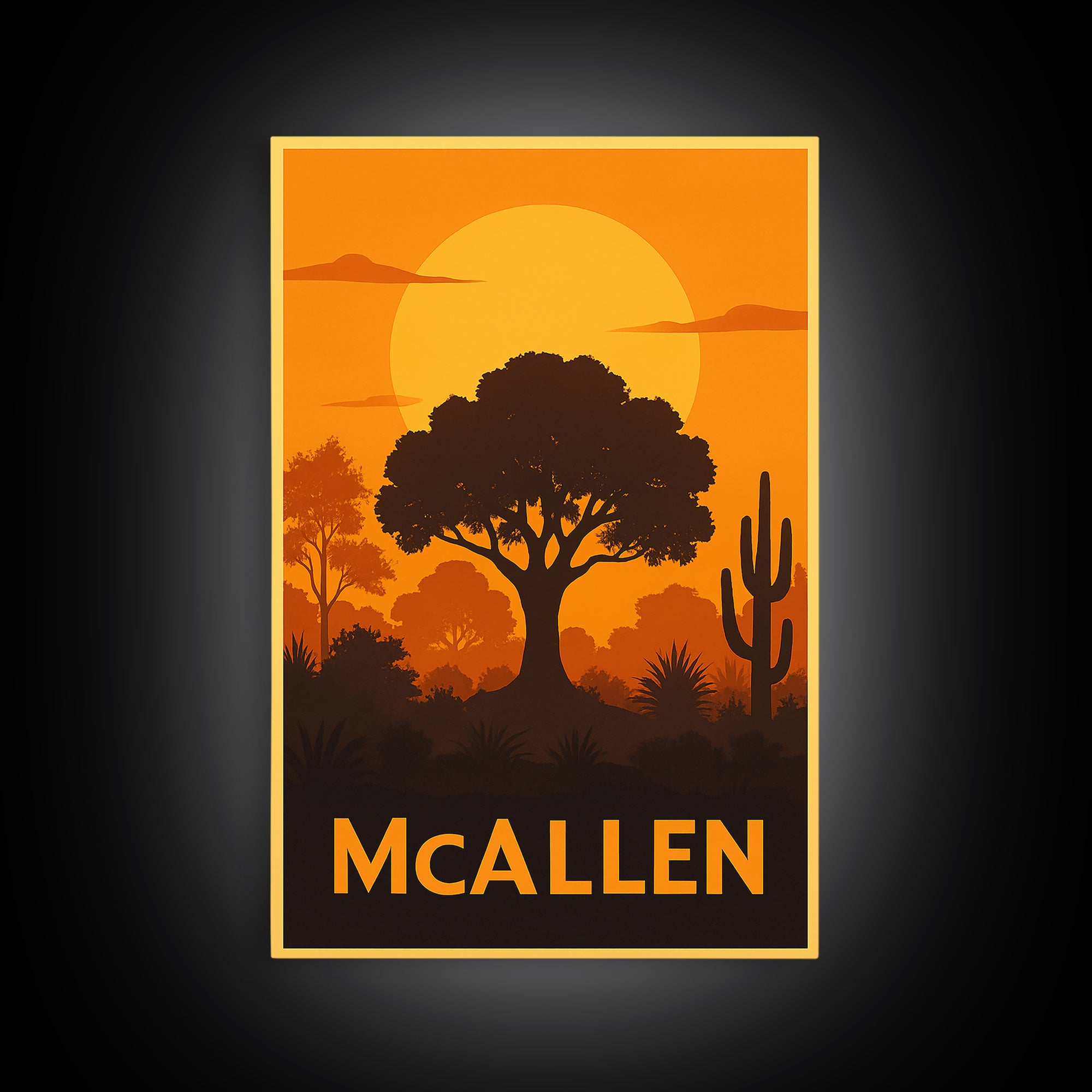 Mcallen Travel Poster, Canvas Print, Warm Sunset Silhouette Art, Mcallen Art Print, Travel Wall Decor, City Illustration, Gift For Travelers
