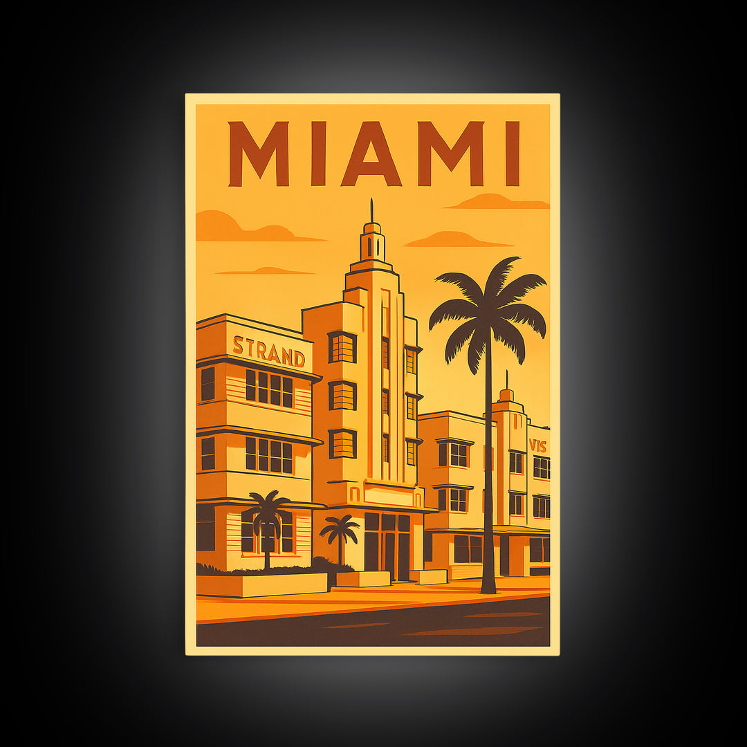 Miami Florida Travel Poster, Framed Canvas Print, Gold Art Deco Poster Art, Miami Travel Art, Home Office Decor, Living Room Wall Art