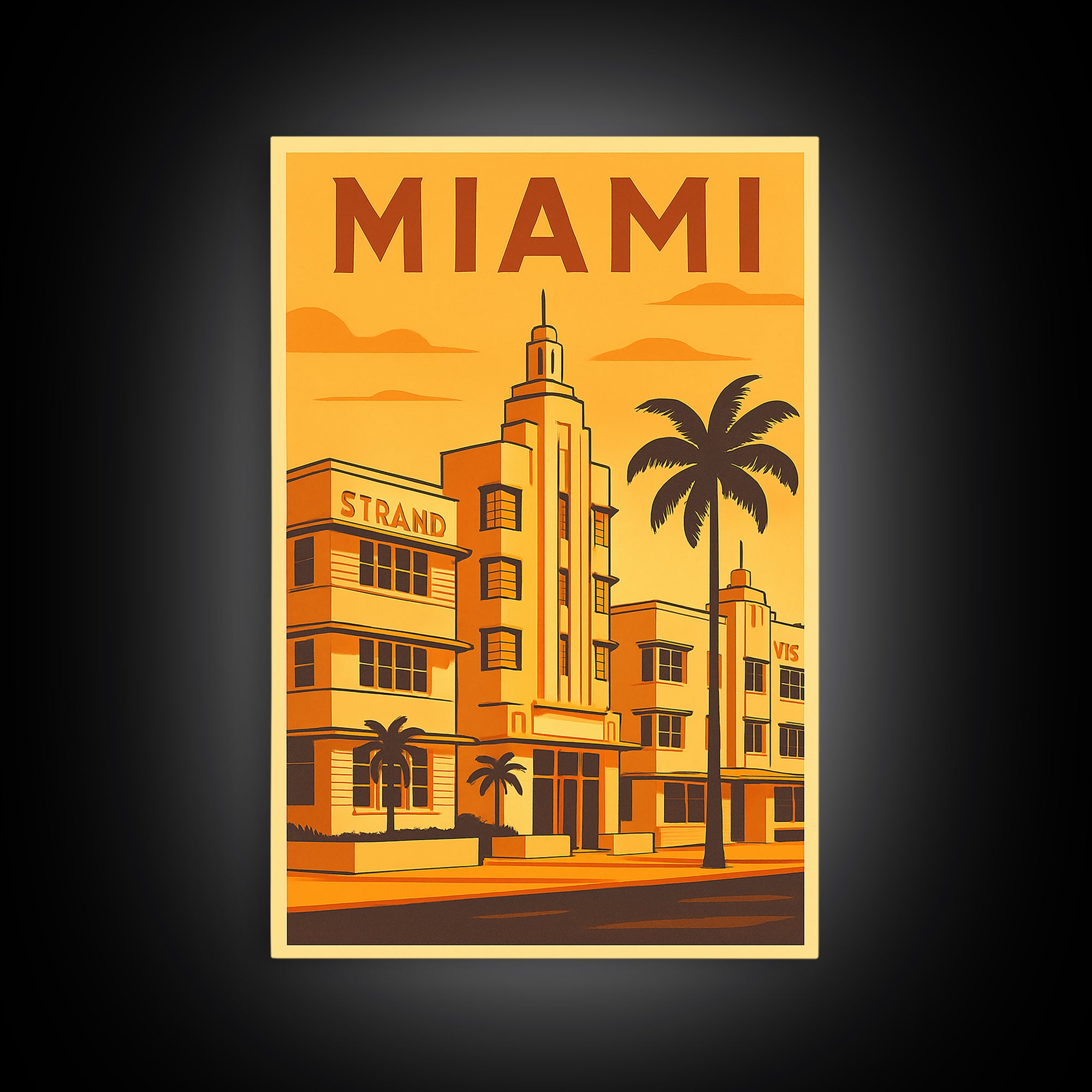 Miami Florida Travel Poster, Framed Canvas Print, Gold Art Deco Poster Art, Miami Travel Art, Home Office Decor, Living Room Wall Art