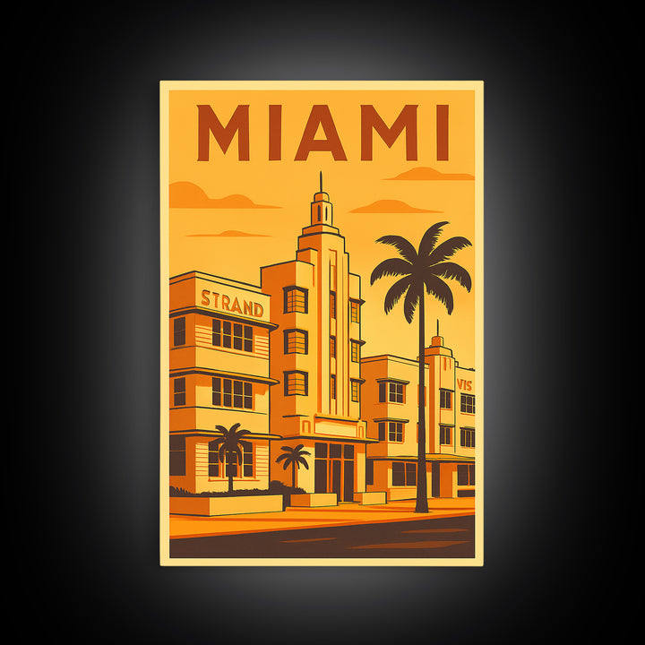 Miami Florida Travel Poster, Framed Canvas Print, Gold Art Deco Poster Art, Miami Travel Art, Home Office Decor, Living Room Wall Art