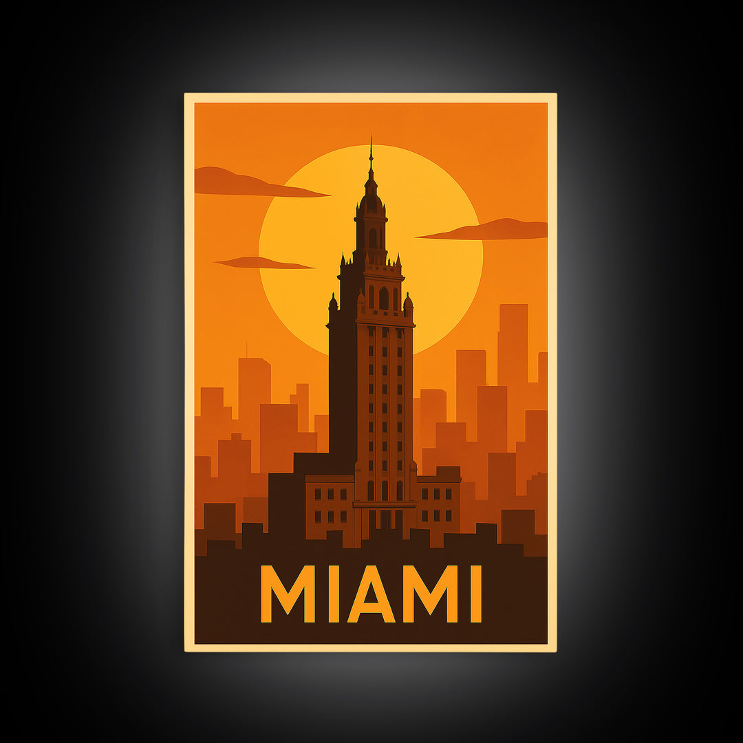 Miami Travel Poster, Framed Canvas Print, Warm Sunset Silhouette Art, Miami Poster Print, Fine Art Print, City Art Print, Vintage Travel Art