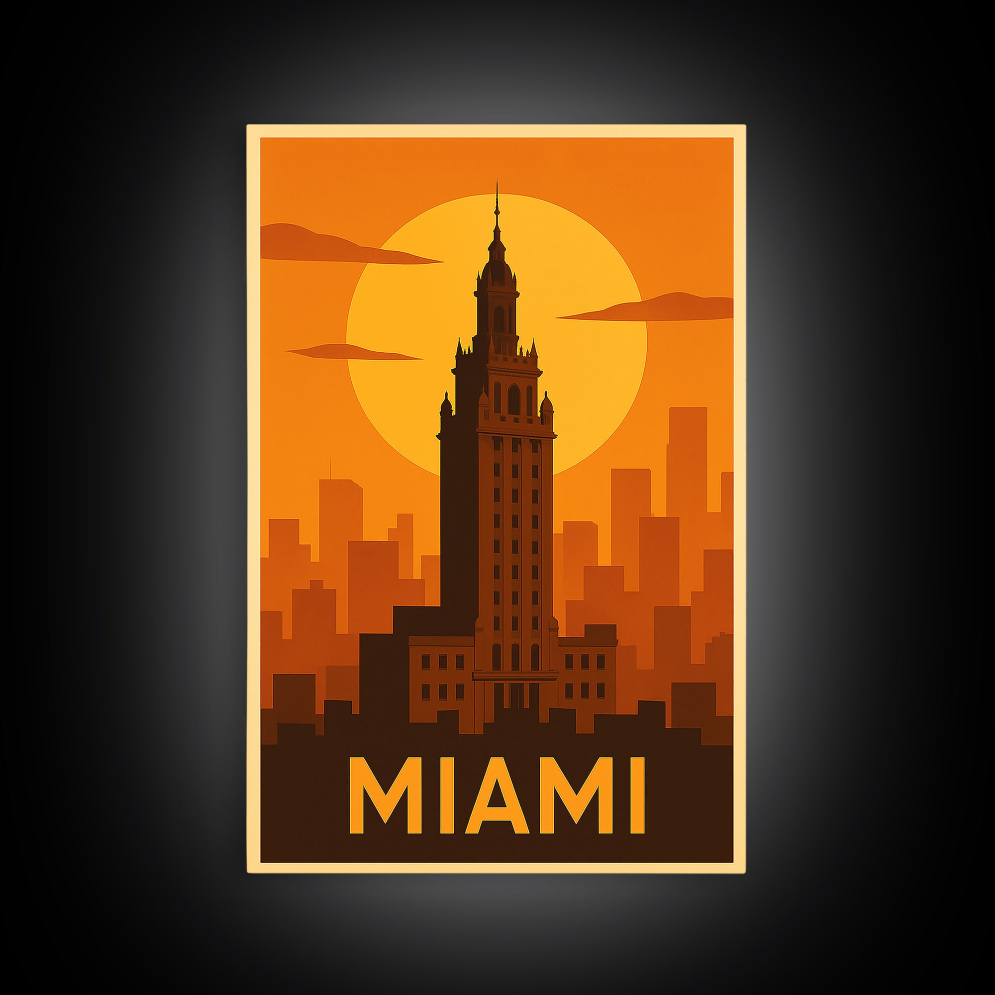 Miami Travel Poster, Framed Canvas Print, Warm Sunset Silhouette Art, Miami Poster Print, Fine Art Print, City Art Print, Vintage Travel Art