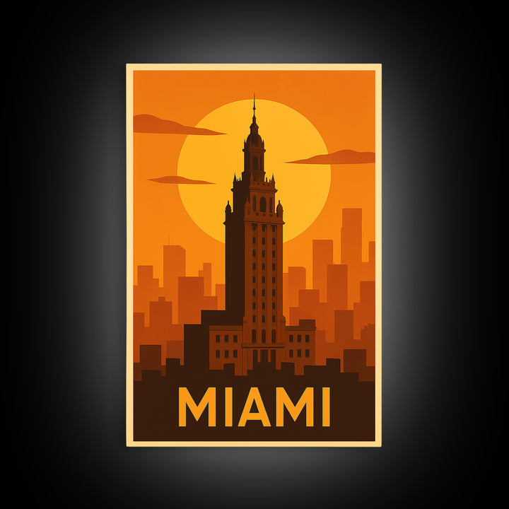 Miami Travel Poster, Framed Canvas Print, Warm Sunset Silhouette Art, Miami Poster Print, Fine Art Print, City Art Print, Vintage Travel Art