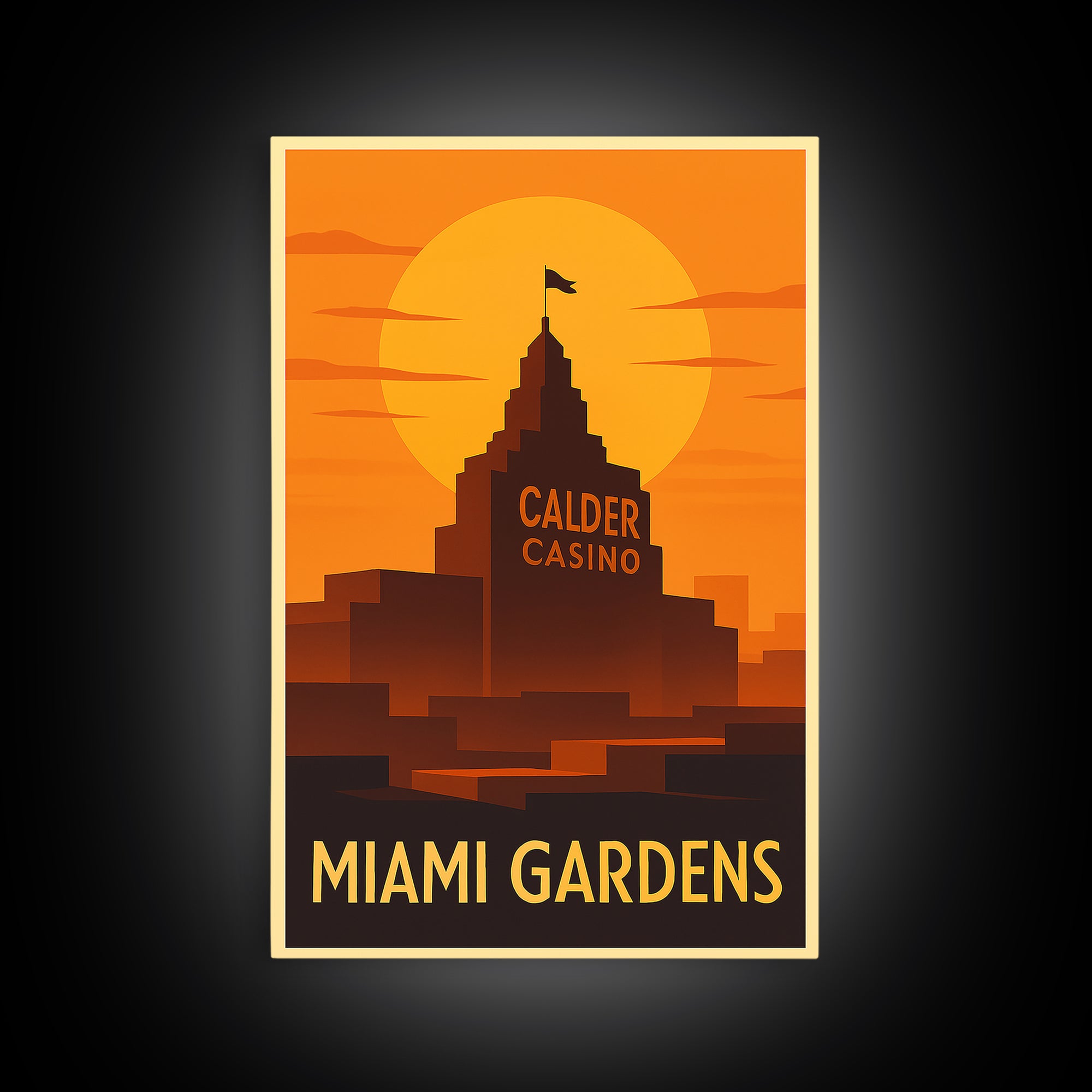 Miami Gardens Travel Poster, Framed Canvas Print, Warm Sunset Silhouette Art, Miami Gardens Wall Art, Vintage City Art, Retro Travel Print