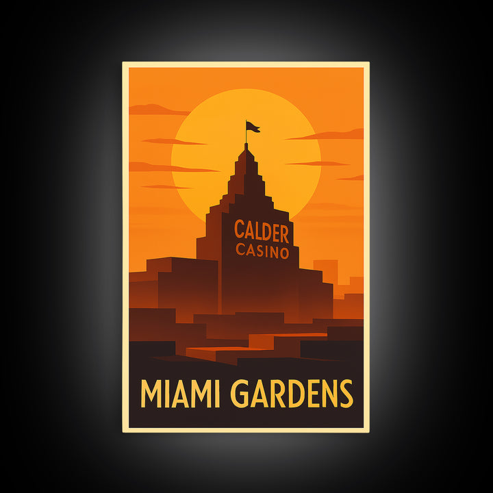 Miami Gardens Travel Poster, Framed Canvas Print, Warm Sunset Silhouette Art, Miami Gardens Wall Art, Vintage City Art, Retro Travel Print