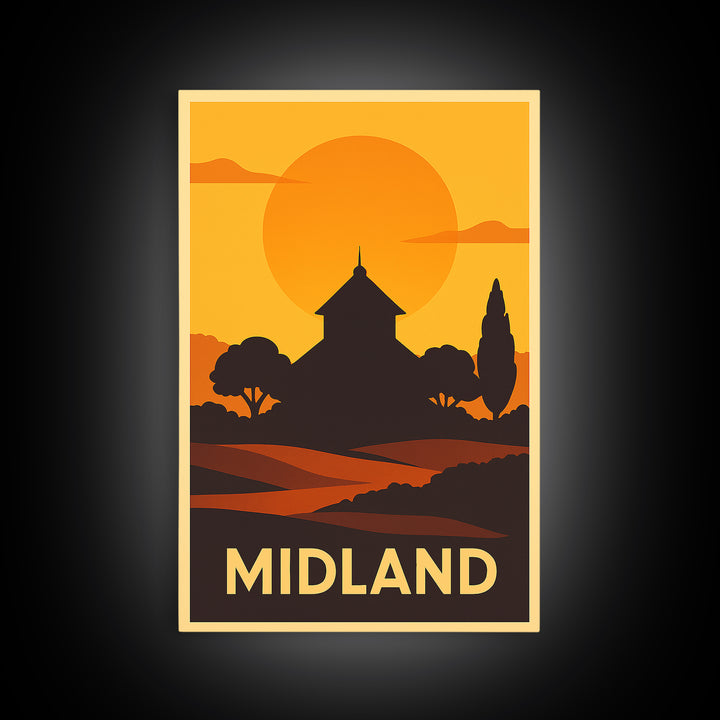 Midland Travel Poster, Framed Canvas Print, Warm Sunset Silhouette Art, Midland Wall Art, Travel Wall Decor, Travel Wall Art, Poster Art