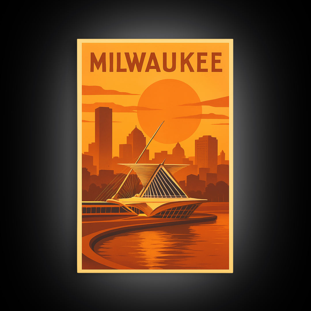 Milwaukee Wisconsin Travel Poster, Framed Canvas Print, Vintage Deco Wall Art, Milwaukee Poster Print, Travel Wall Art, Retro Travel Print