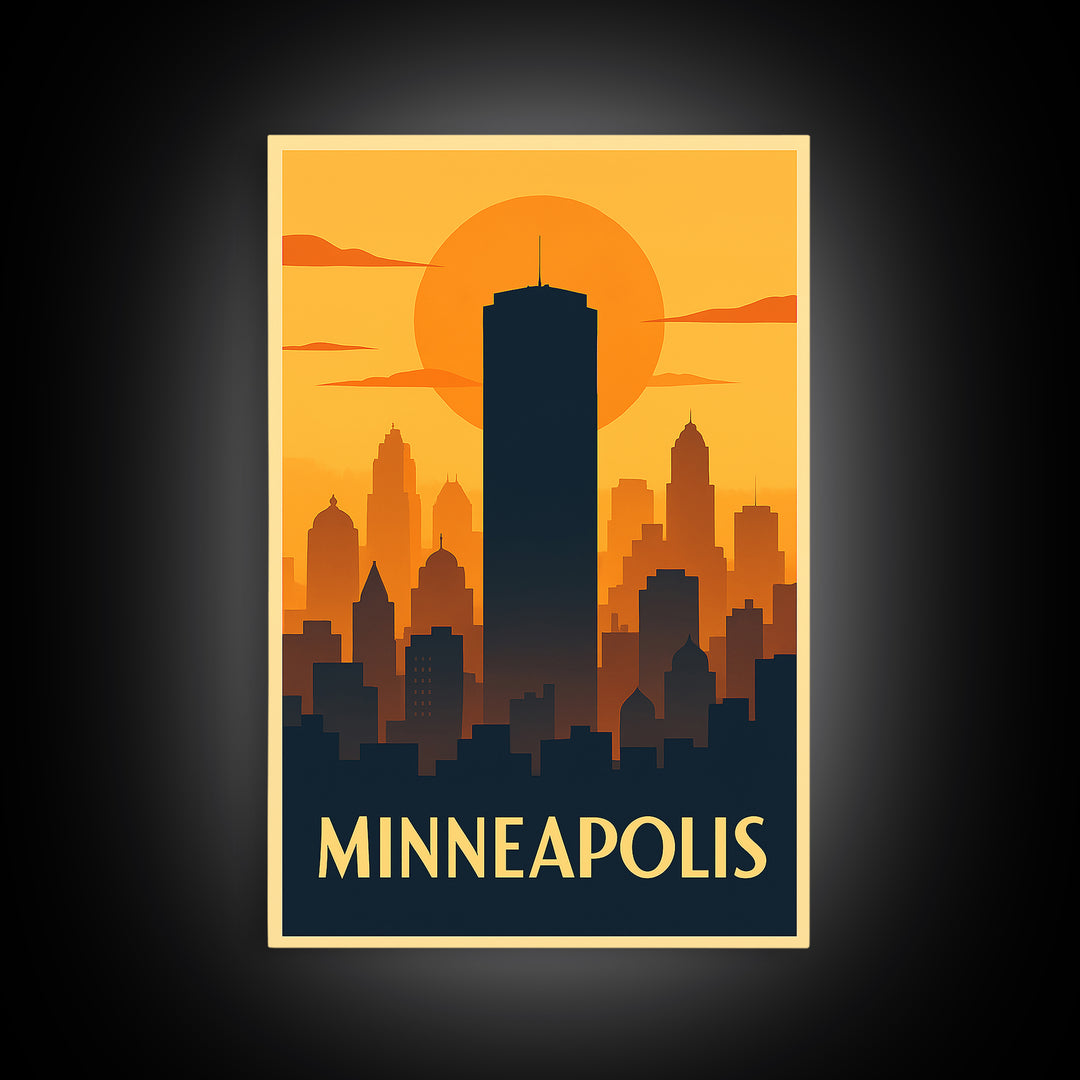 Minneapolis Travel Poster, Framed Canvas Print, Warm Sunset Silhouette Art, Minneapolis Art Print, Eclectic Wall Decor, City Travel Prints