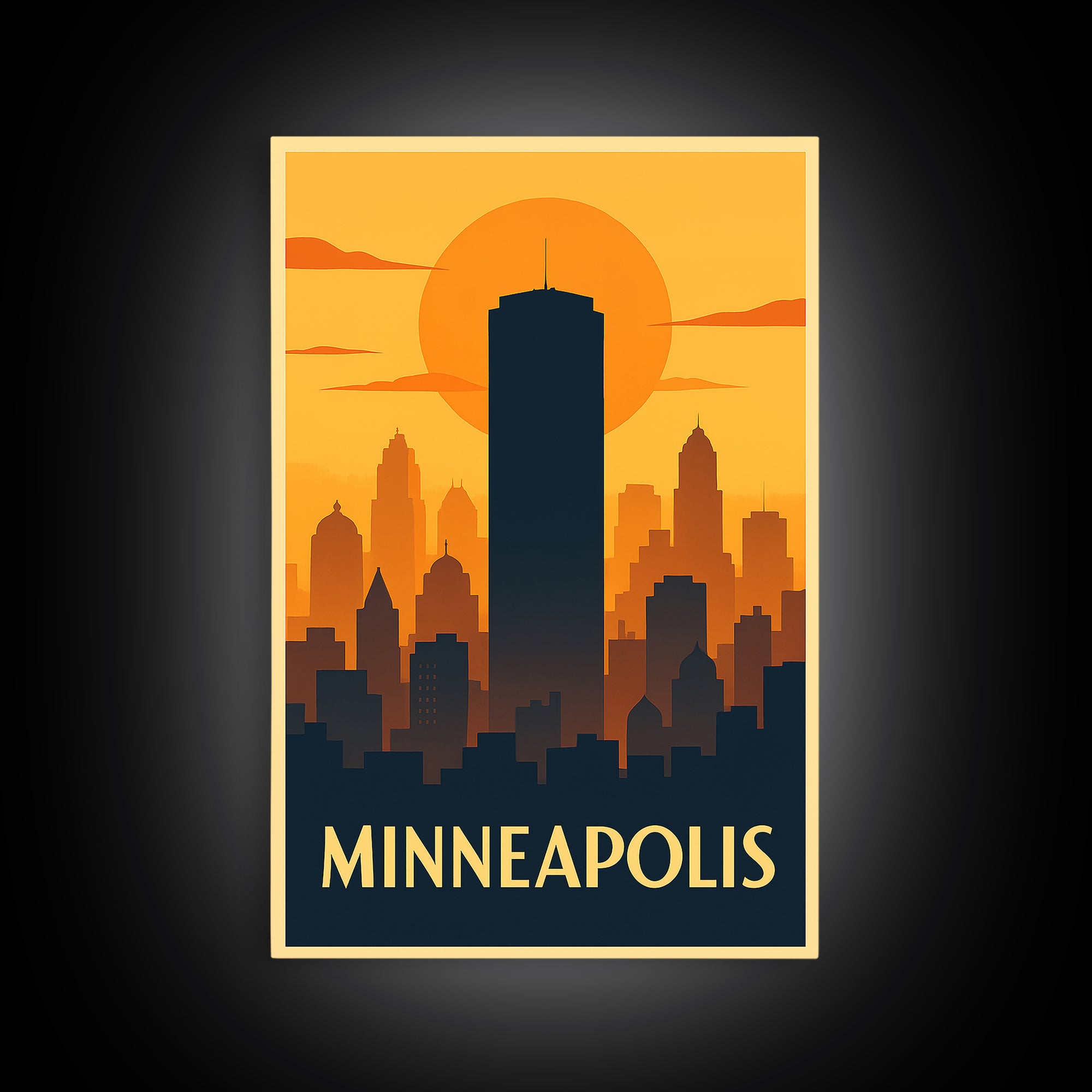 Minneapolis Travel Poster, Framed Canvas Print, Warm Sunset Silhouette Art, Minneapolis Art Print, Eclectic Wall Decor, City Travel Prints