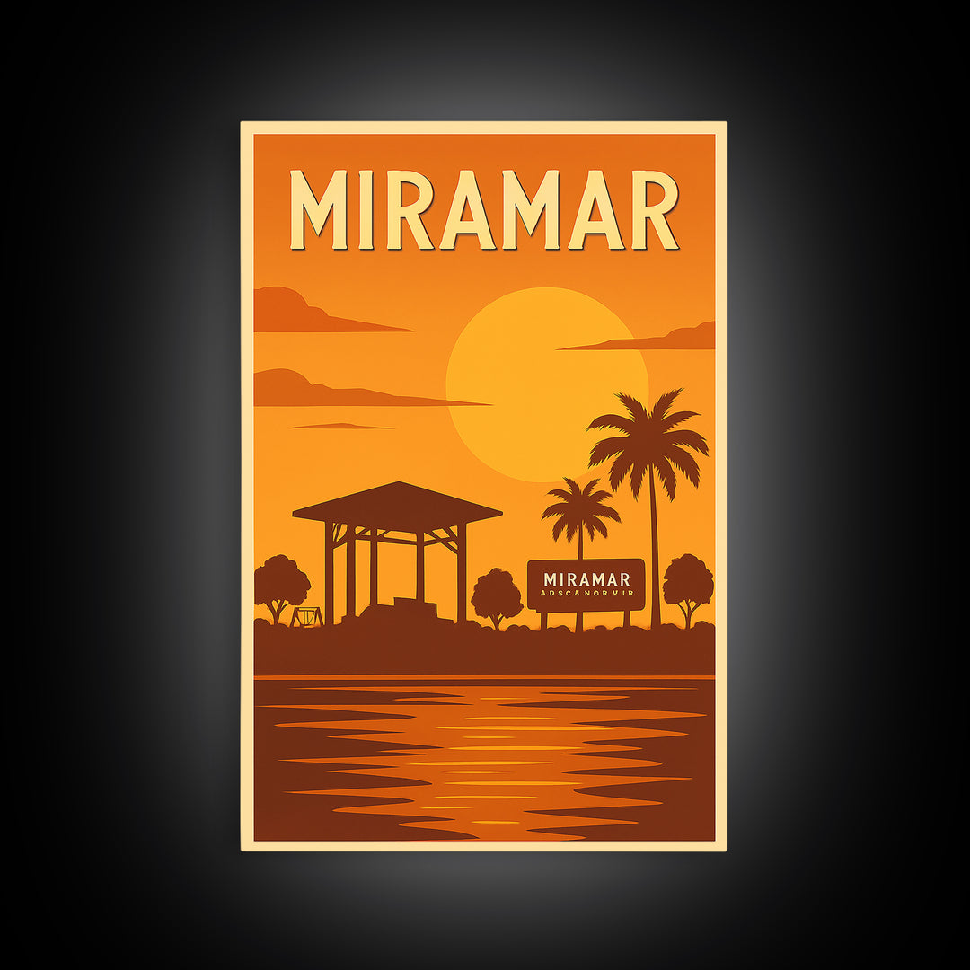 Miramar Florida Travel Poster, Framed Canvas Print, Golden Travel Poster Art, Miramar Poster Print, Modern Wall Decor, Fine Art Print