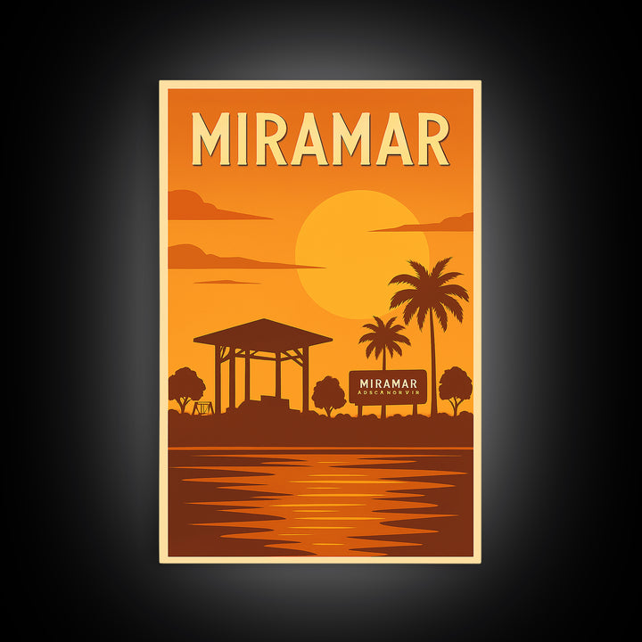 Miramar Florida Travel Poster, Framed Canvas Print, Golden Travel Poster Art, Miramar Poster Print, Modern Wall Decor, Fine Art Print