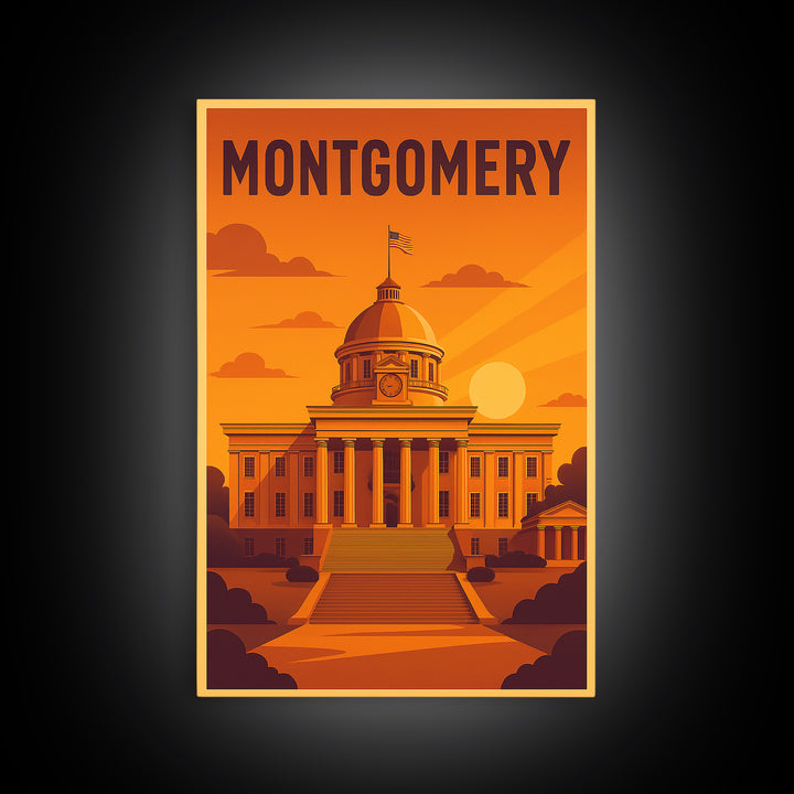 Montgomery Alabama Travel Poster, Canvas Print, Golden Travel Poster Art, Montgomery Travel Art, City Travel Prints, Travel Wall Decor