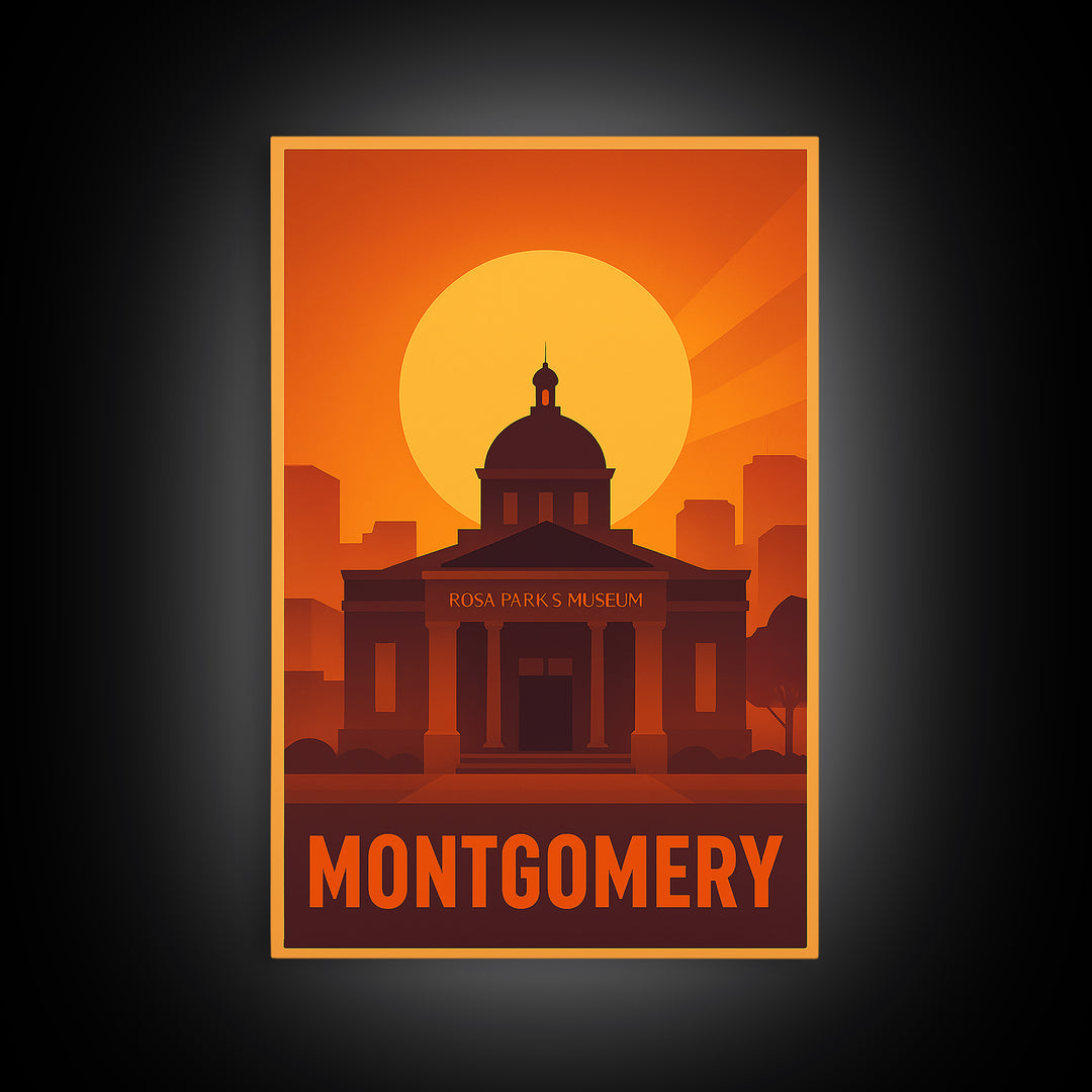 Montgomery Travel Poster, Canvas Print, Warm Sunset Silhouette Art, Montgomery Art Print, Vintage City Poster, Travel Wall Art