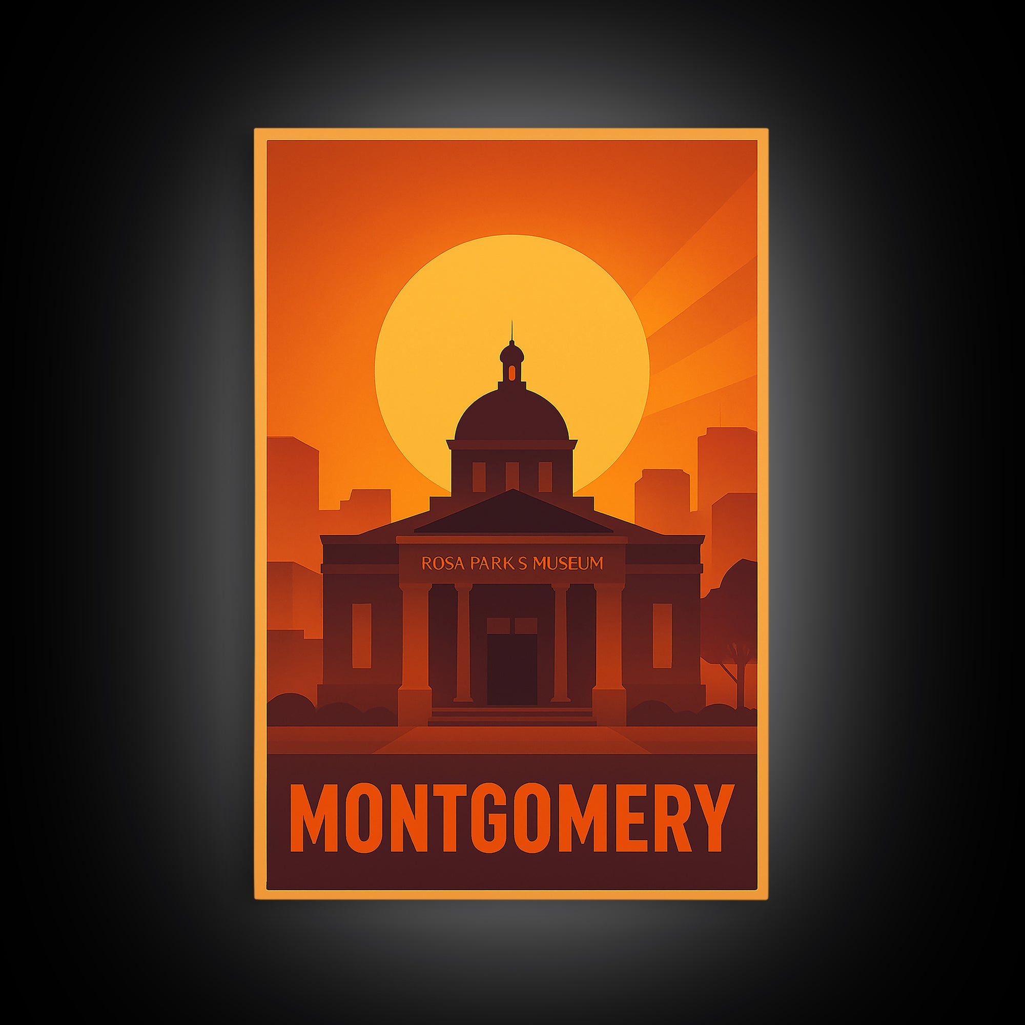 Montgomery Travel Poster, Canvas Print, Warm Sunset Silhouette Art, Montgomery Art Print, Vintage City Poster, Travel Wall Art