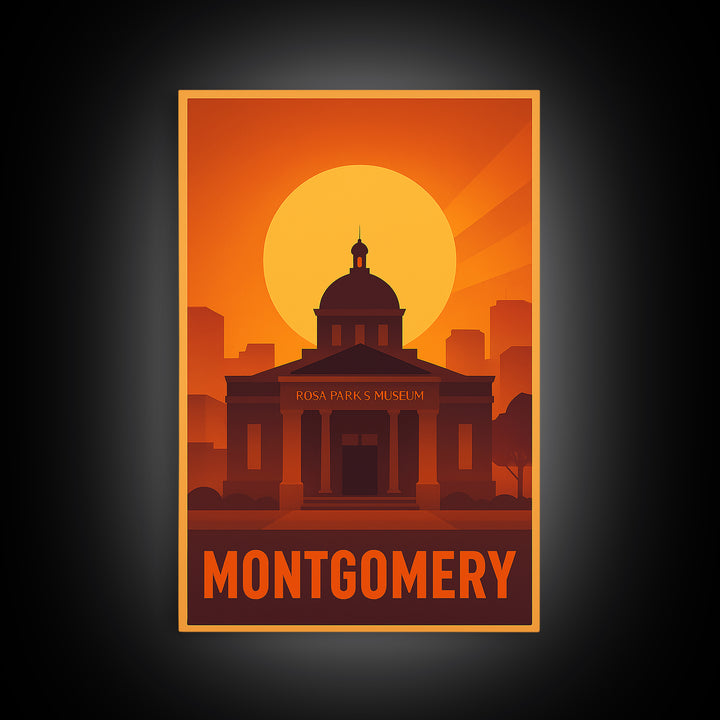 Montgomery Travel Poster, Canvas Print, Warm Sunset Silhouette Art, Montgomery Art Print, Vintage City Poster, Travel Wall Art