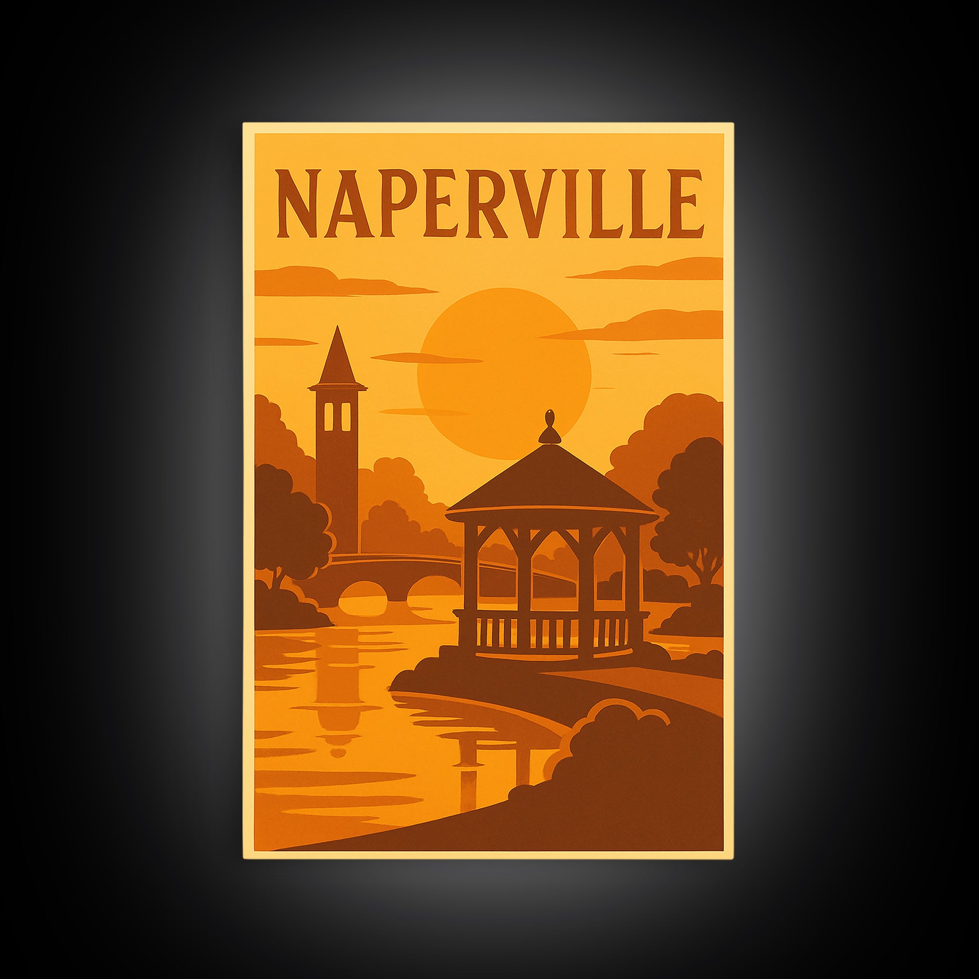 Naperville Illinois Travel Poster, Canvas Print, Golden Travel Poster Art, Naperville City Art, Gift For Travelers, Vintage Travel Art