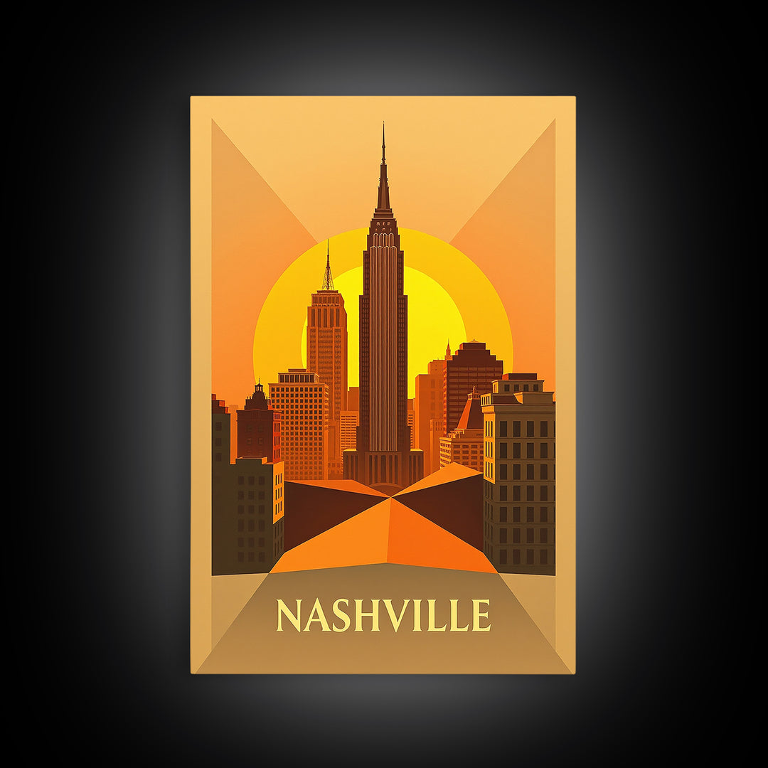 Nashville Tennessee Travel Poster, Framed Canvas Print, Gold Art Deco Poster Art, Nashville City Art, City Art Print, Living Room Wall Art