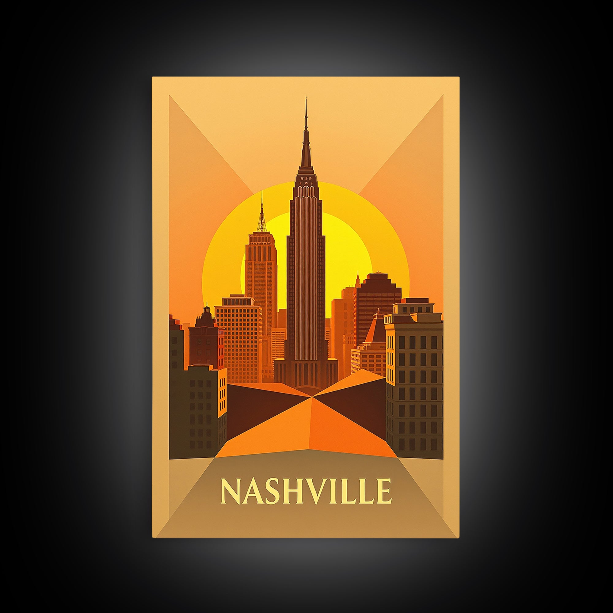 Nashville Tennessee Travel Poster, Framed Canvas Print, Gold Art Deco Poster Art, Nashville City Art, City Art Print, Living Room Wall Art