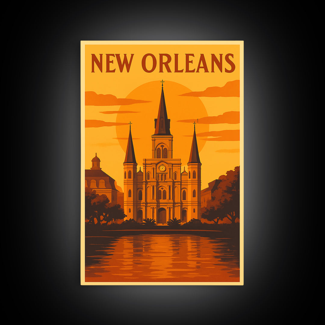 New Orleans Travel Poster, Framed Canvas Print, Golden Travel Poster Art, New Orleans Art Print, Travel Wall Art, City Art Print