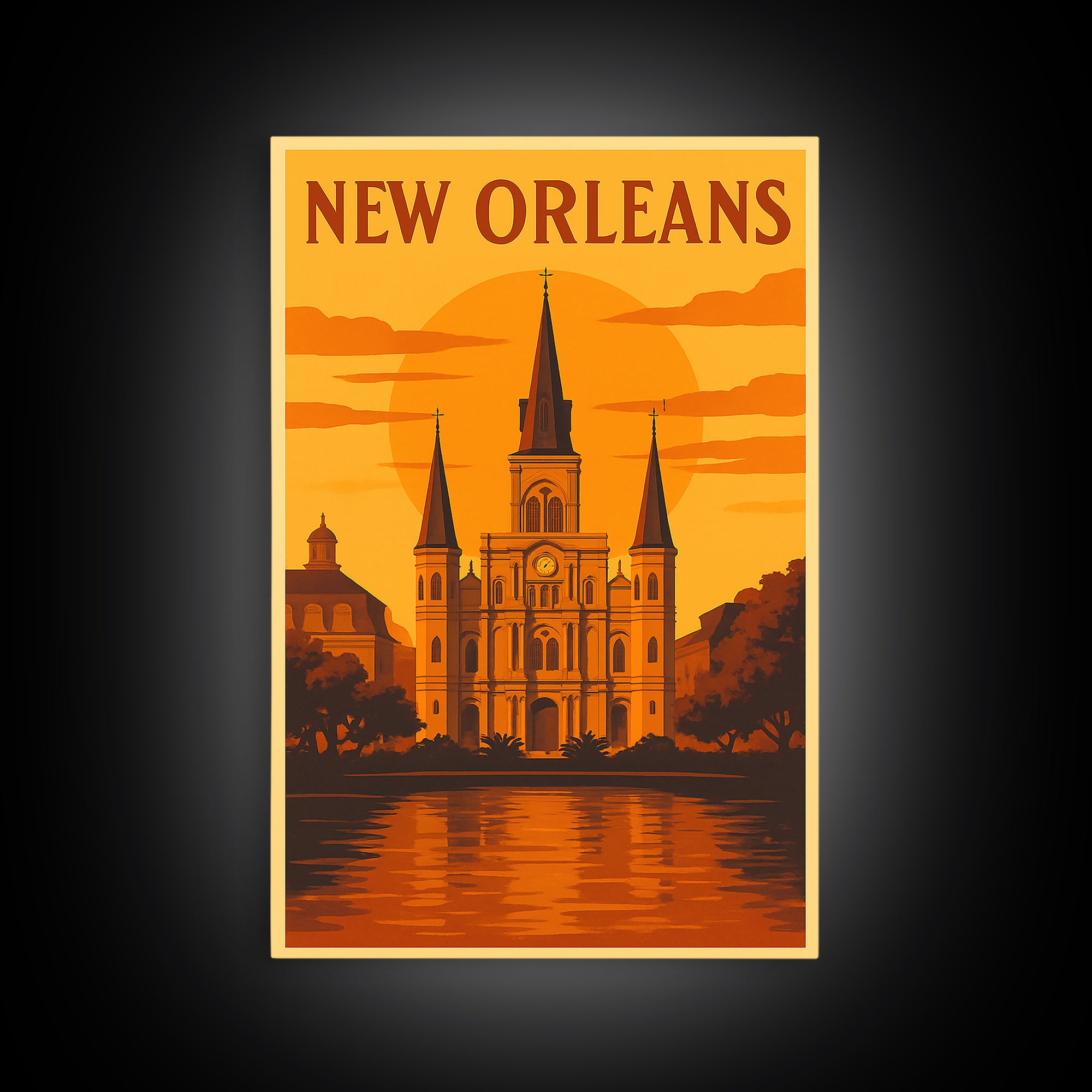 New Orleans Travel Poster, Framed Canvas Print, Golden Travel Poster Art, New Orleans Art Print, Travel Wall Art, City Art Print