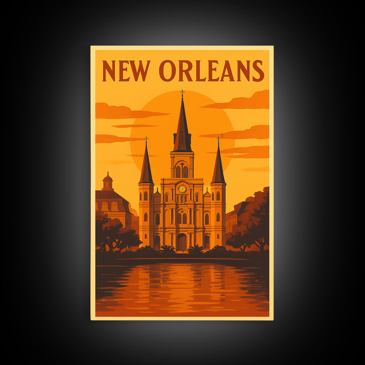 New Orleans Travel Poster, Framed Canvas Print, Golden Travel Poster Art, New Orleans Art Print, Travel Wall Art, City Art Print