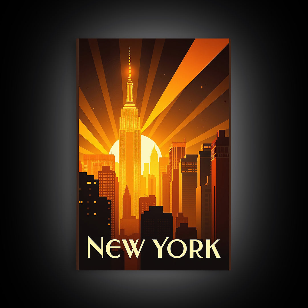 New York Travel Poster, Framed Canvas Print, Golden Travel Poster Art, New York Wall Art, Vintage Travel Art, Vintage City Poster