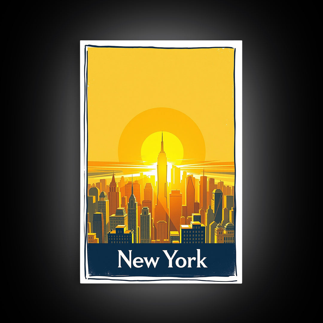 New York Travel Poster, Framed Canvas Print, Golden Travel Poster Art, New York Art Print, City Travel Prints, Watercolor Skyline