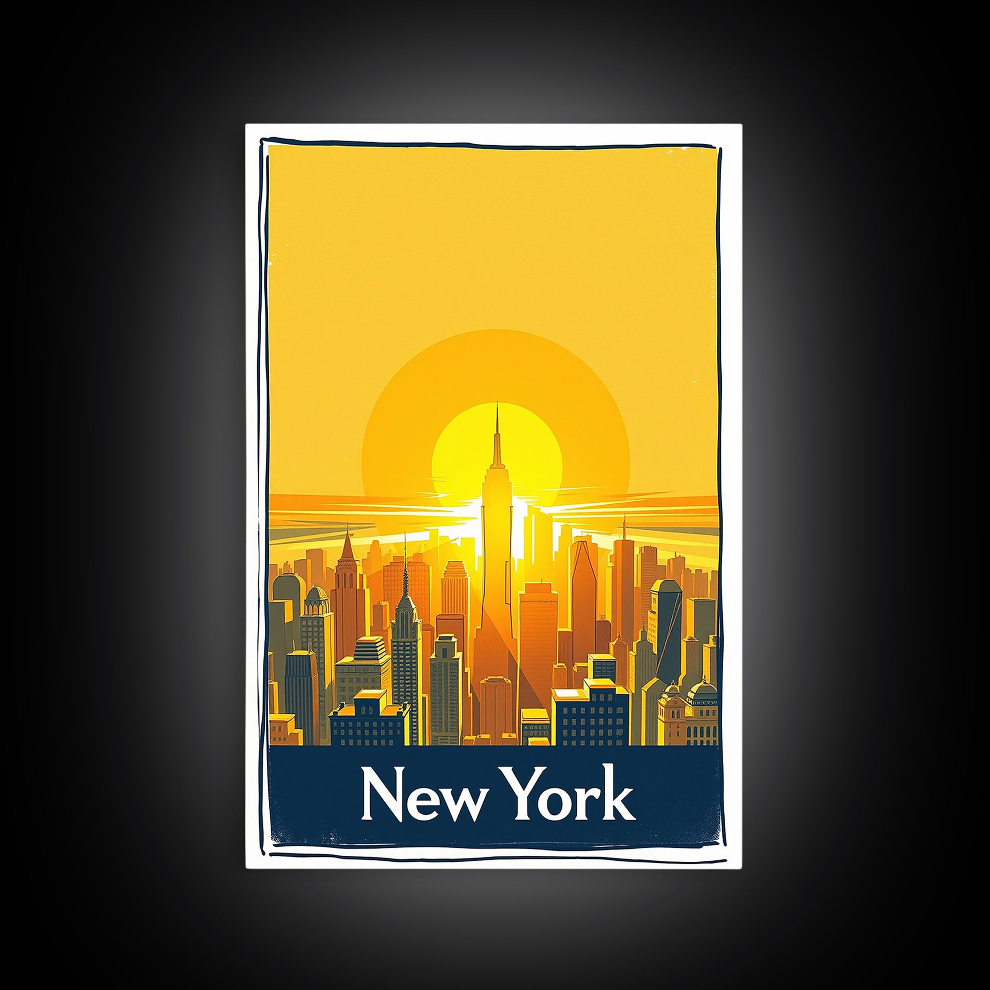 New York Travel Poster, Framed Canvas Print, Golden Travel Poster Art, New York Art Print, City Travel Prints, Watercolor Skyline